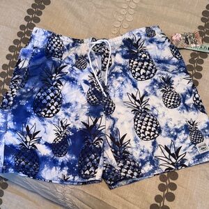 Men's Pineapple Print Swim Trunks in Blue and White